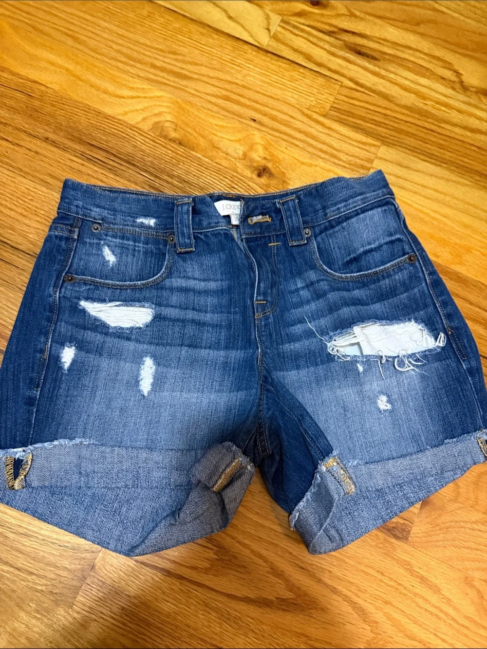 J. Crew Dark Blue Distressed Roll-Cuff Denim Shorts